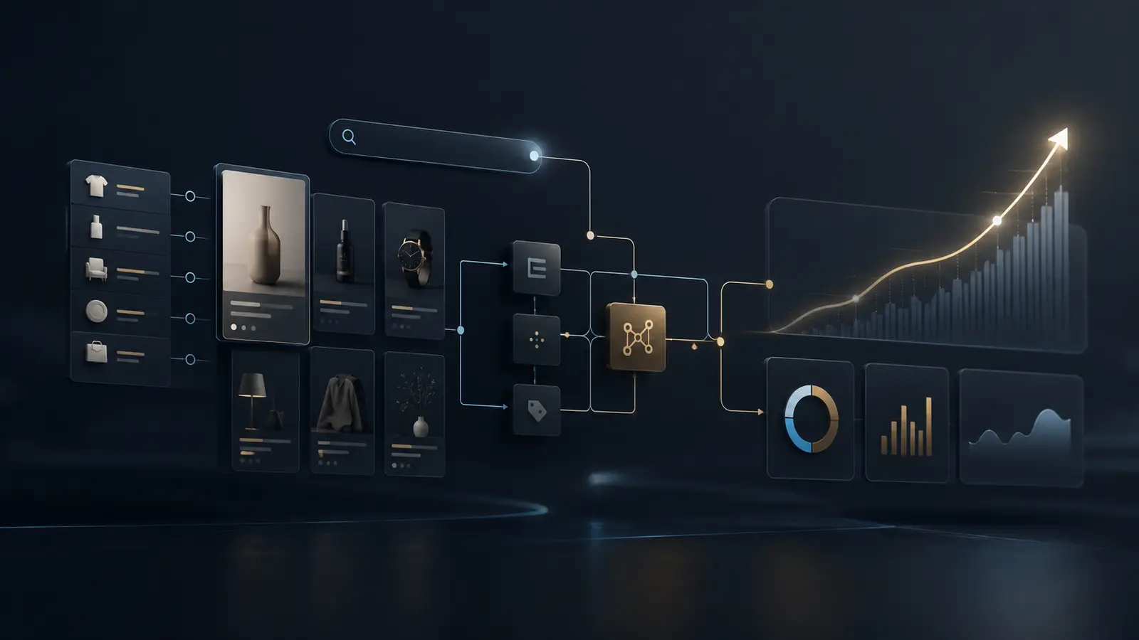 Composition éditoriale abstraite sur la structuration d’un catalogue e-commerce pour l’article « Prix d’un site e-commerce : ce qui pèse réellement ».