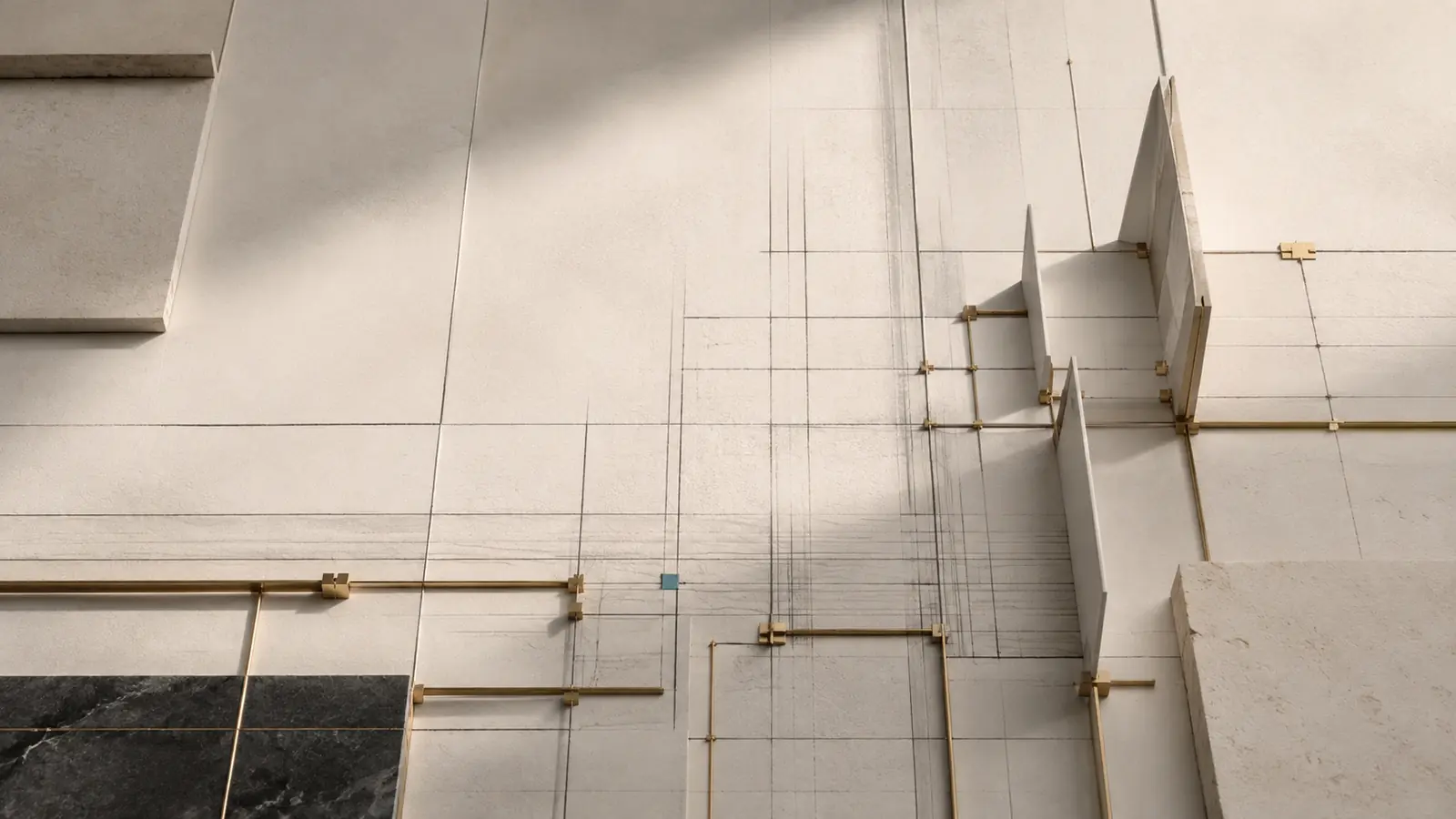 Composizione editoriale astratta su architettura web ed esperienza utente per l’articolo «Architettura del sito web: metodo SEO, UX e migrazione».